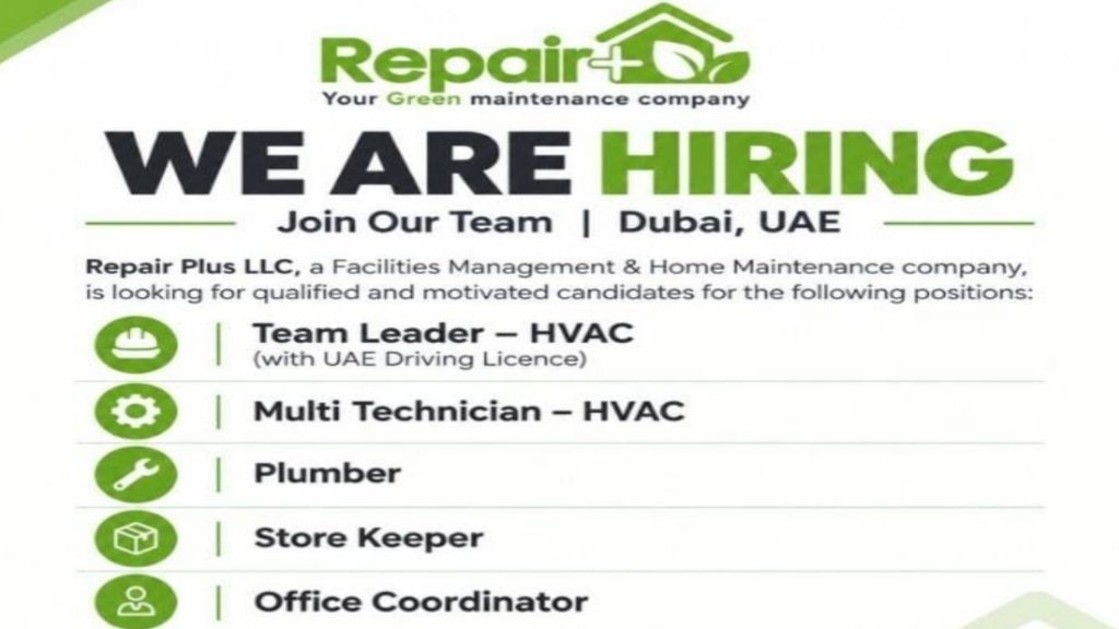 Repair Plus Careers 2026: Team Leader HVAC, Multi Technician & Office Coordinator Vacancies