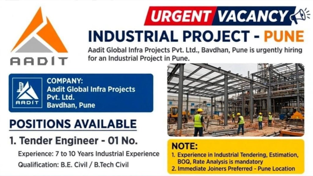 Aadit Global Infra Projects Recruitment 2026: Urgent Tender Engineer Vacancy in Pune for Civil Engineers